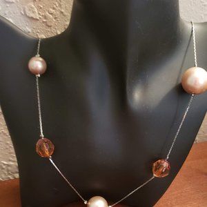 Long silver necklace with rose pink and brown beads